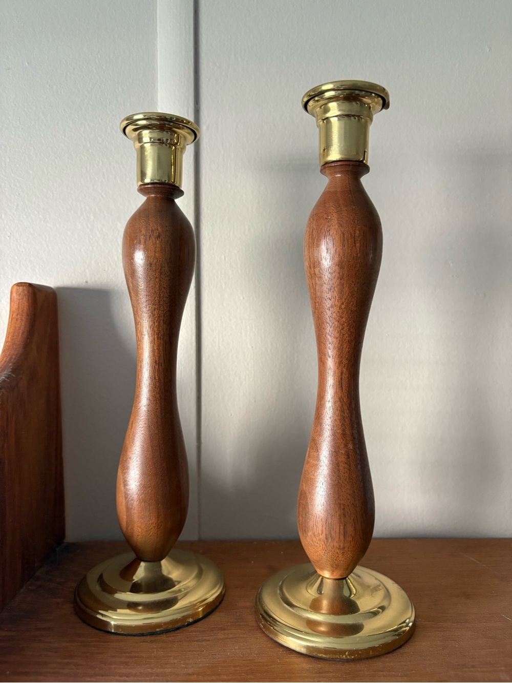 Wood and brass Candlestick Pair - Brown Wood Finish